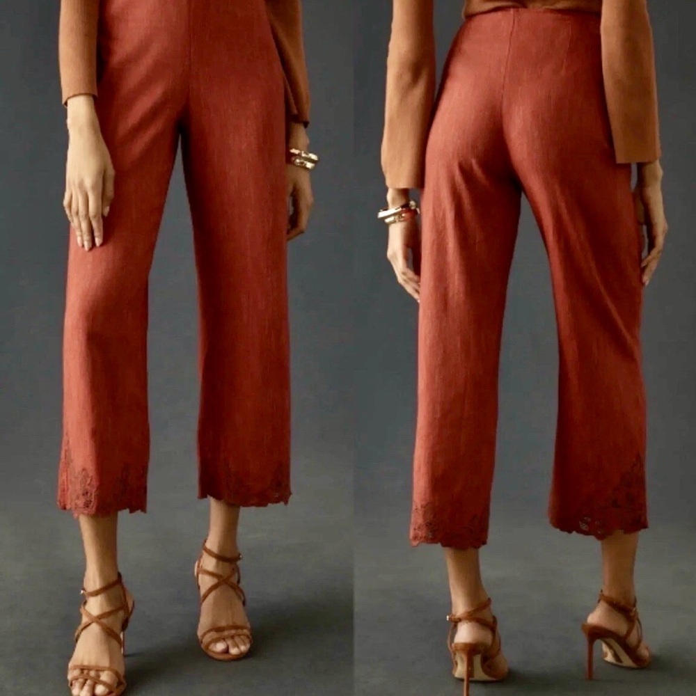 By Anthropologie Rust High Rise Embroidered Cropped Wide Leg Pants Size US 12